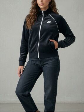 Nike Black Velour Track Jacket with White Piping and retro logo small